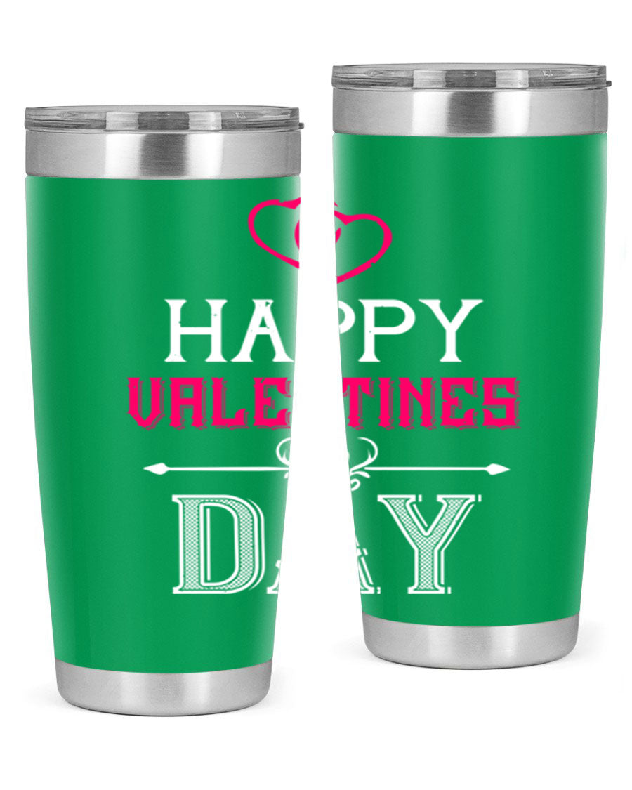 Happy Valentine Day Tumbler in 20oz and 30oz sizes, showcasing double wall vacuum stainless steel design with vibrant print.