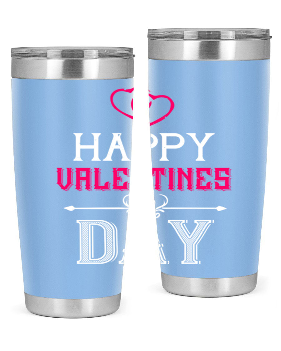 Happy Valentine Day Tumbler in 20oz and 30oz sizes, showcasing double wall vacuum stainless steel design with vibrant print.