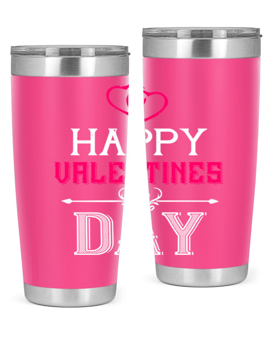 Happy Valentine Day Tumbler in 20oz and 30oz sizes, showcasing double wall vacuum stainless steel design with vibrant print.