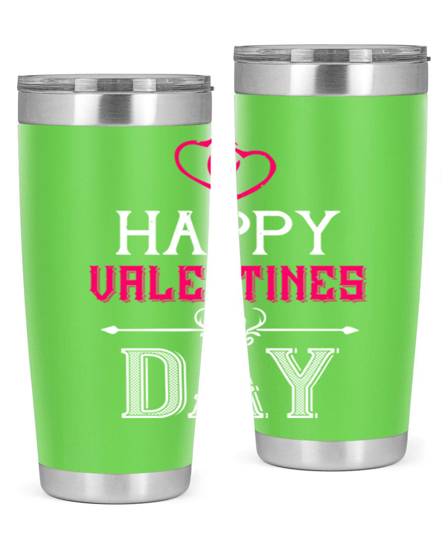 Happy Valentine Day Tumbler in 20oz and 30oz sizes, showcasing double wall vacuum stainless steel design with vibrant print.