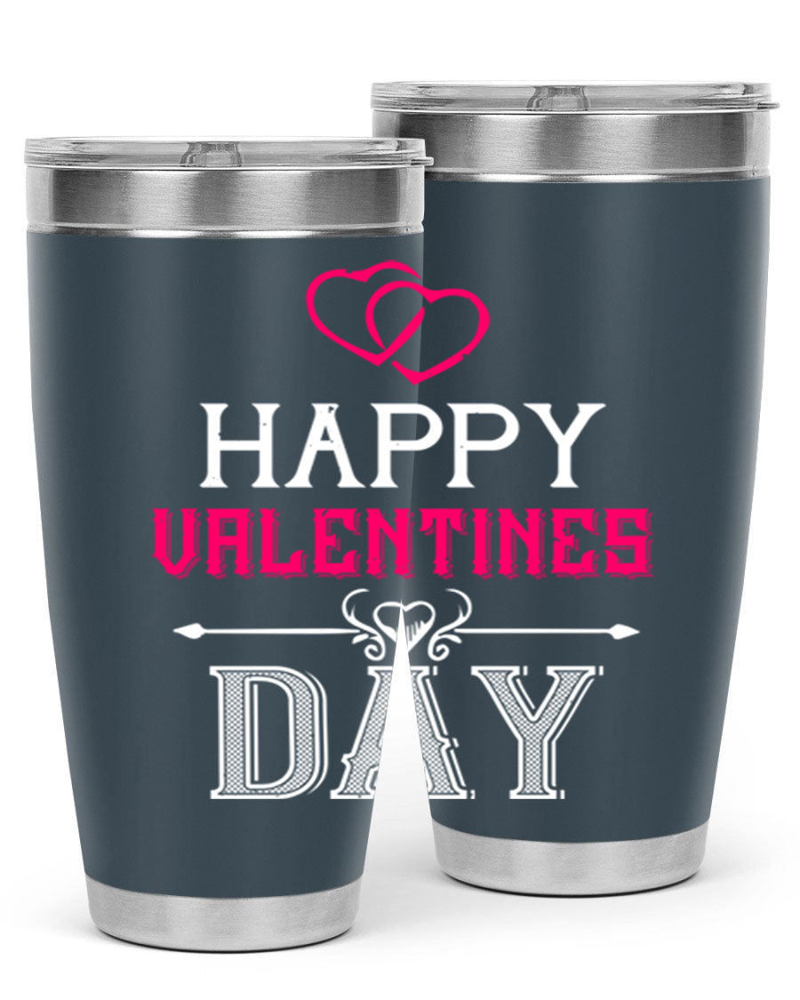 Happy Valentine Day Tumbler in 20oz and 30oz sizes, showcasing double wall vacuum stainless steel design with vibrant print.