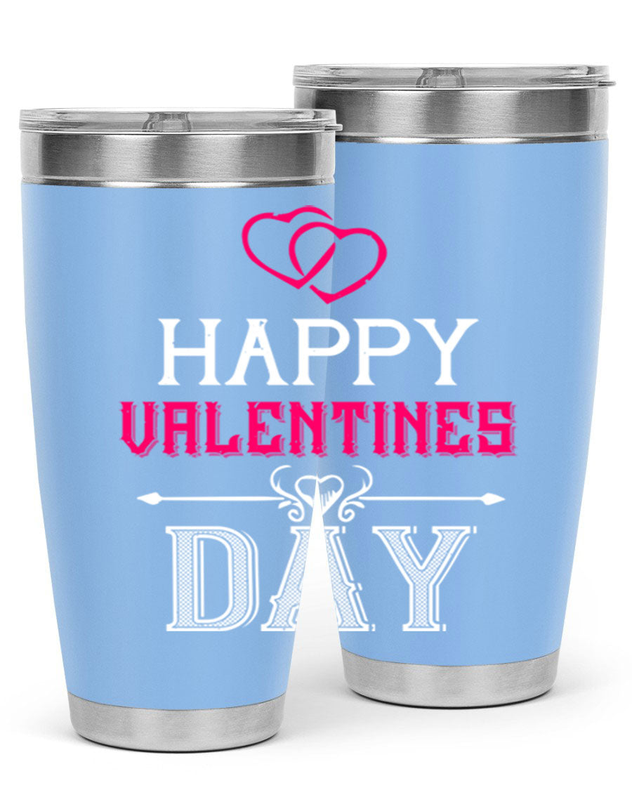 Happy Valentine Day Tumbler in 20oz and 30oz sizes, showcasing double wall vacuum stainless steel design with vibrant print.