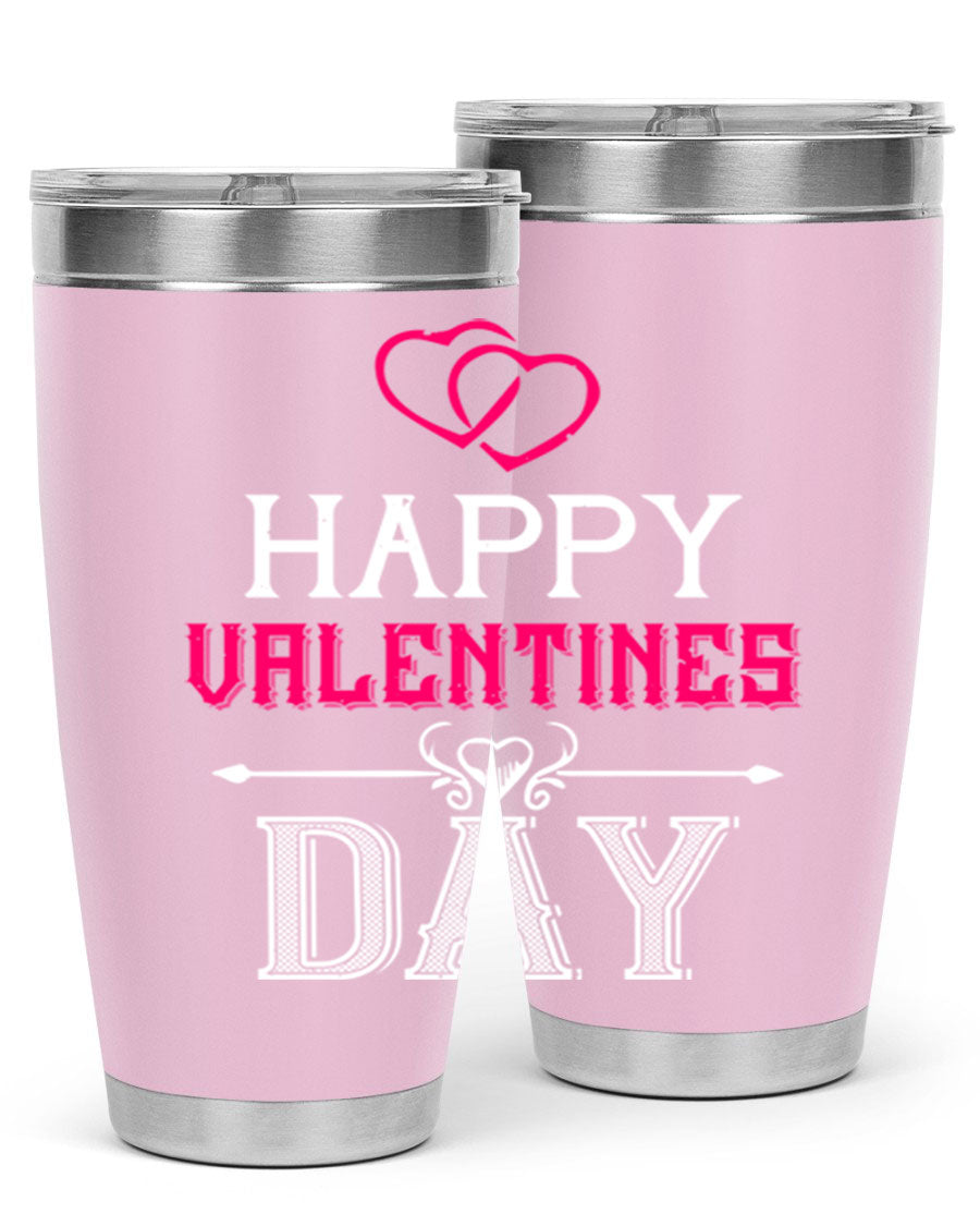 Happy Valentine Day Tumbler in 20oz and 30oz sizes, showcasing double wall vacuum stainless steel design with vibrant print.