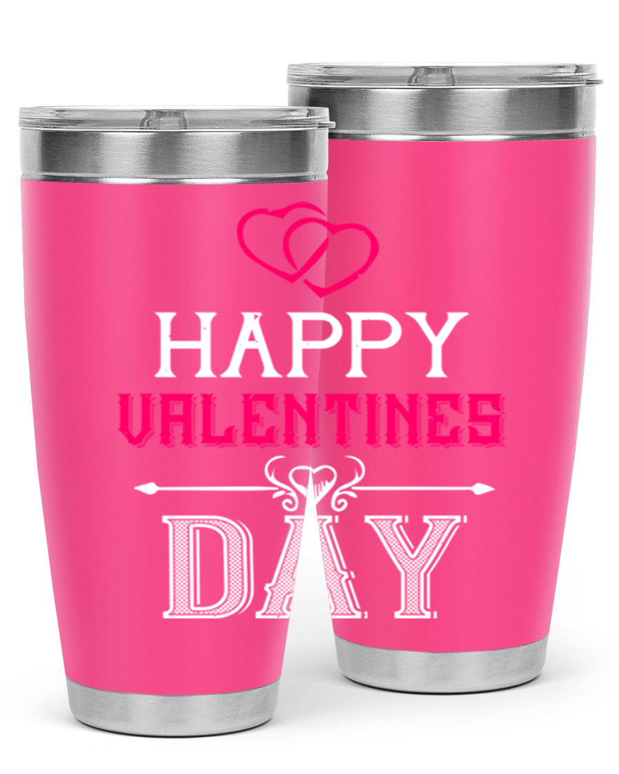 Happy Valentine Day Tumbler in 20oz and 30oz sizes, showcasing double wall vacuum stainless steel design with vibrant print.