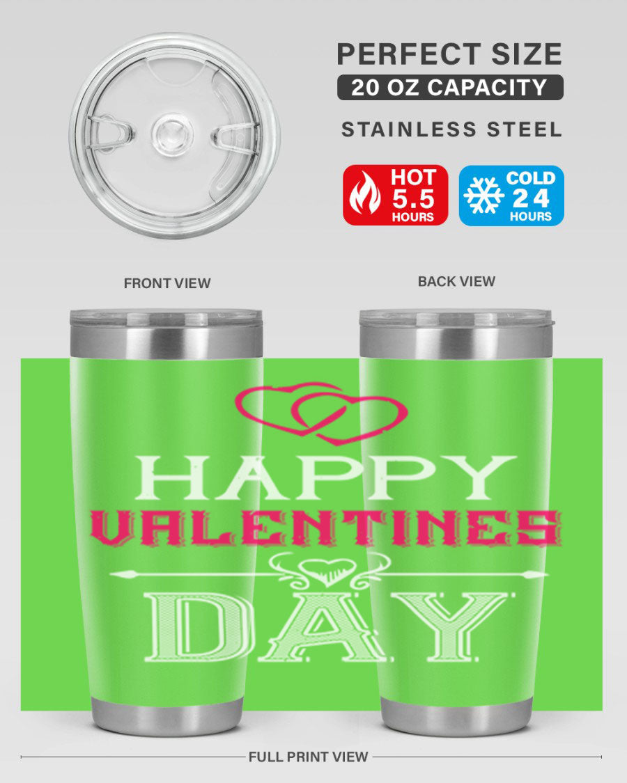Happy Valentine Day Tumbler in 20oz and 30oz sizes, showcasing double wall vacuum stainless steel design with vibrant print.