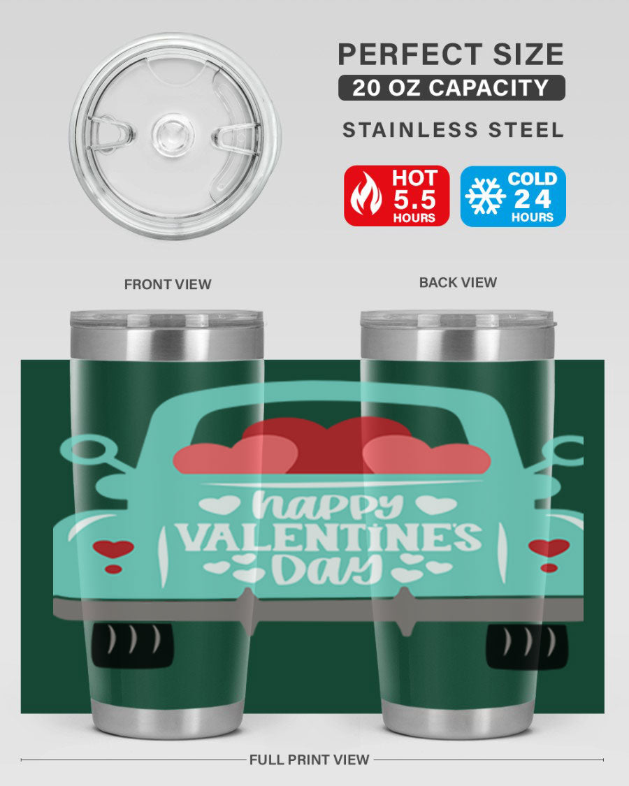 Happy Valentine's Day tumbler featuring a double wall vacuum stainless steel design, perfect for keeping drinks hot or cold.