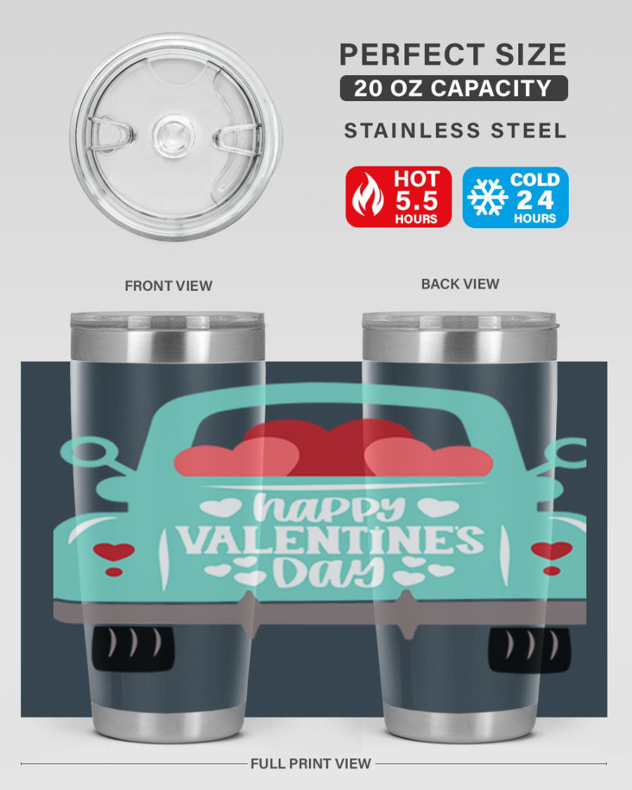 Happy Valentine's Day tumbler featuring a double wall vacuum stainless steel design, perfect for keeping drinks hot or cold.