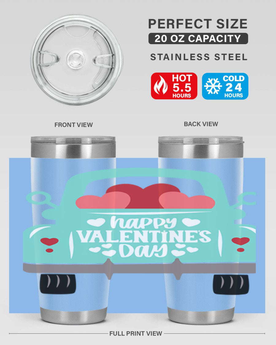 Happy Valentine's Day tumbler featuring a double wall vacuum stainless steel design, perfect for keeping drinks hot or cold.