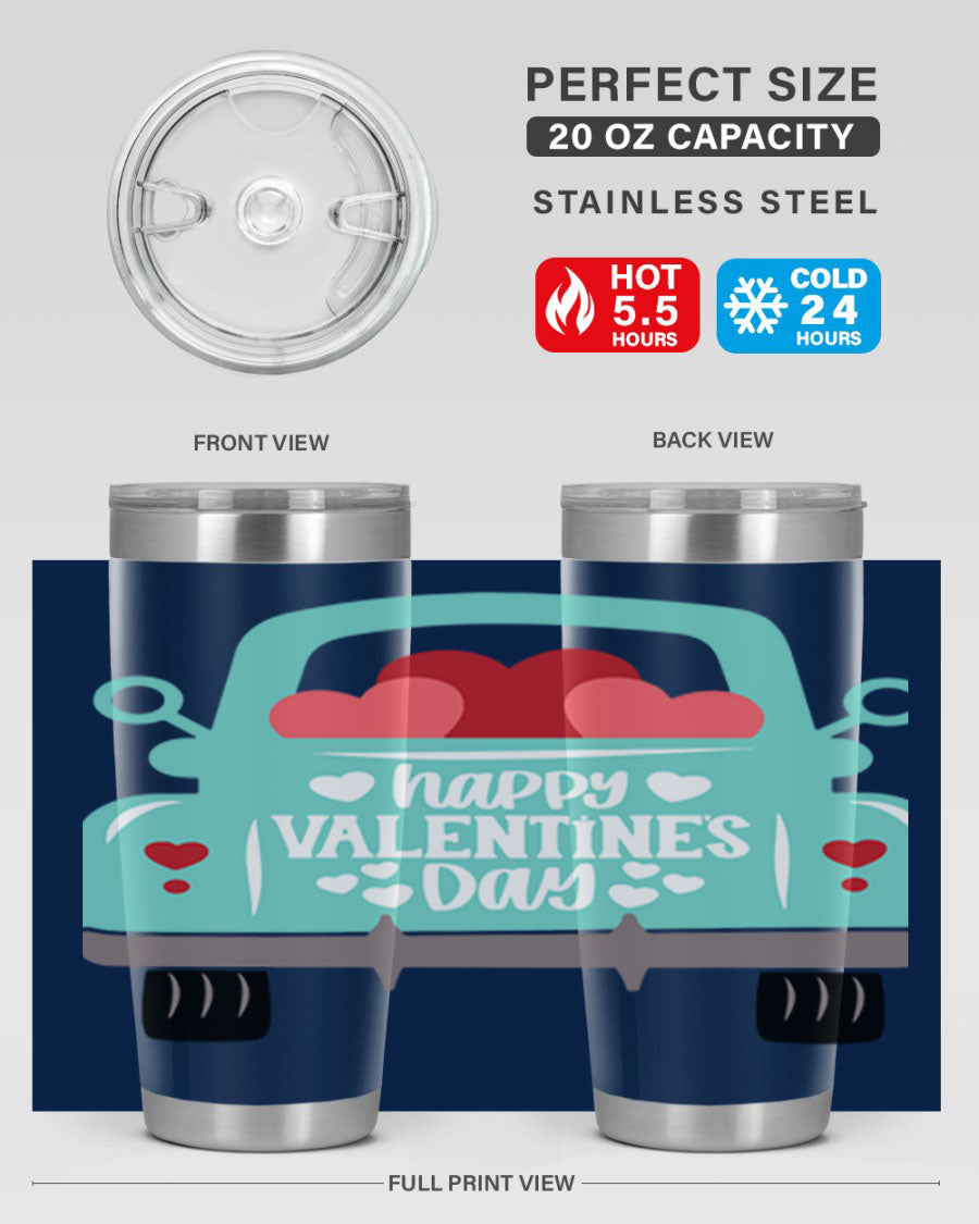 Happy Valentine's Day tumbler featuring a double wall vacuum stainless steel design, perfect for keeping drinks hot or cold.