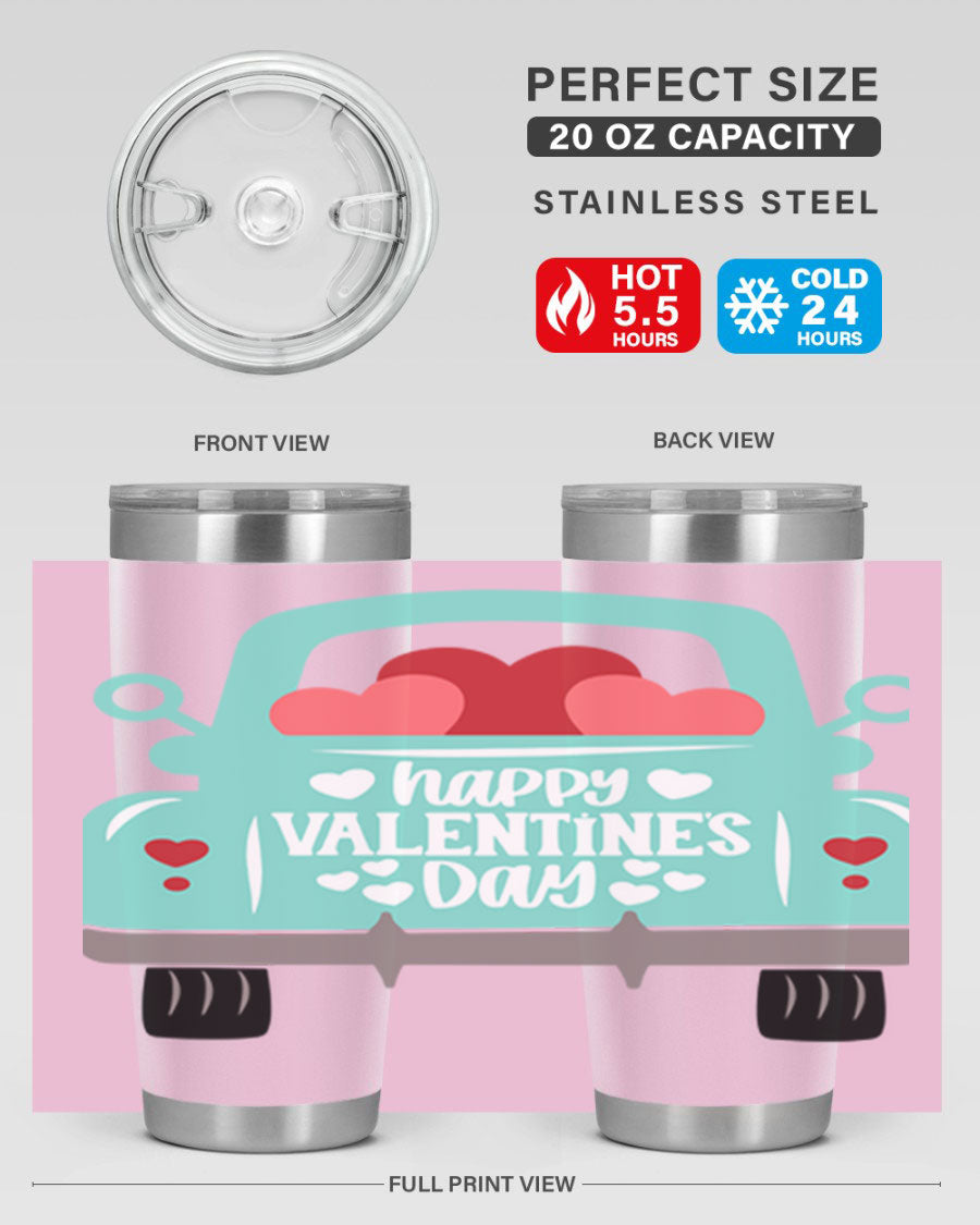 Happy Valentine's Day tumbler featuring a double wall vacuum stainless steel design, perfect for keeping drinks hot or cold.