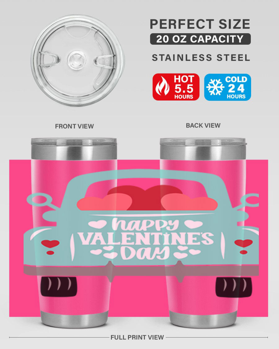 Happy Valentine's Day tumbler featuring a double wall vacuum stainless steel design, perfect for keeping drinks hot or cold.