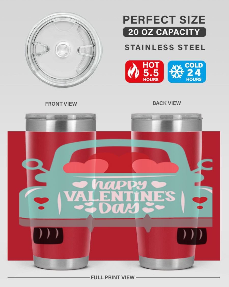 Happy Valentine's Day tumbler featuring a double wall vacuum stainless steel design, perfect for keeping drinks hot or cold.