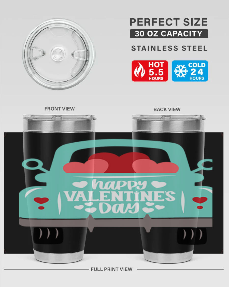 Happy Valentine's Day tumbler featuring a double wall vacuum stainless steel design, perfect for keeping drinks hot or cold.