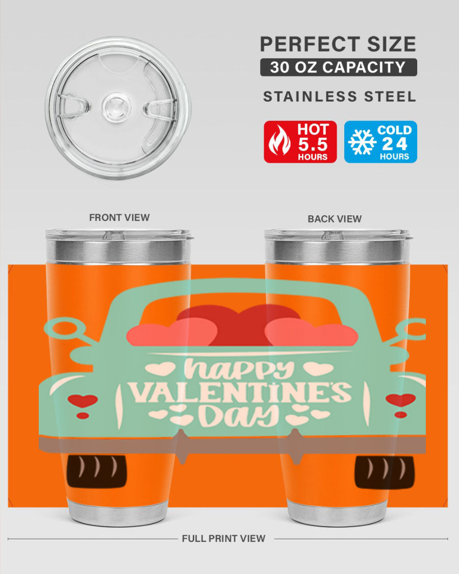 Happy Valentine's Day tumbler featuring a double wall vacuum stainless steel design, perfect for keeping drinks hot or cold.