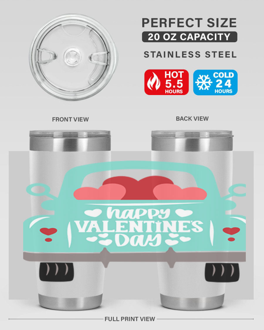 Happy Valentine's Day tumbler featuring a double wall vacuum stainless steel design, perfect for keeping drinks hot or cold.