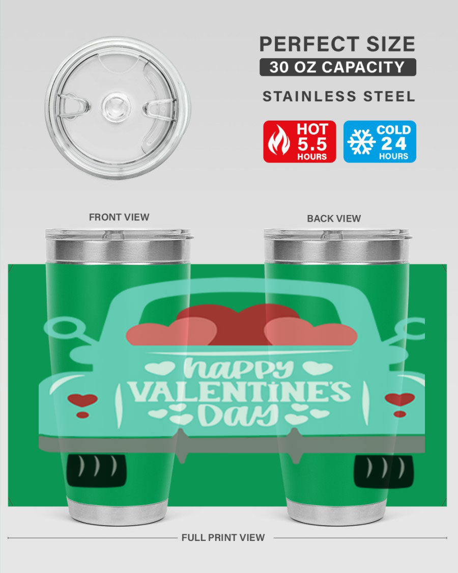 Happy Valentine's Day tumbler featuring a double wall vacuum stainless steel design, perfect for keeping drinks hot or cold.