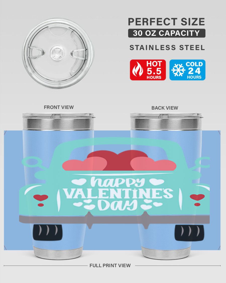 Happy Valentine's Day tumbler featuring a double wall vacuum stainless steel design, perfect for keeping drinks hot or cold.