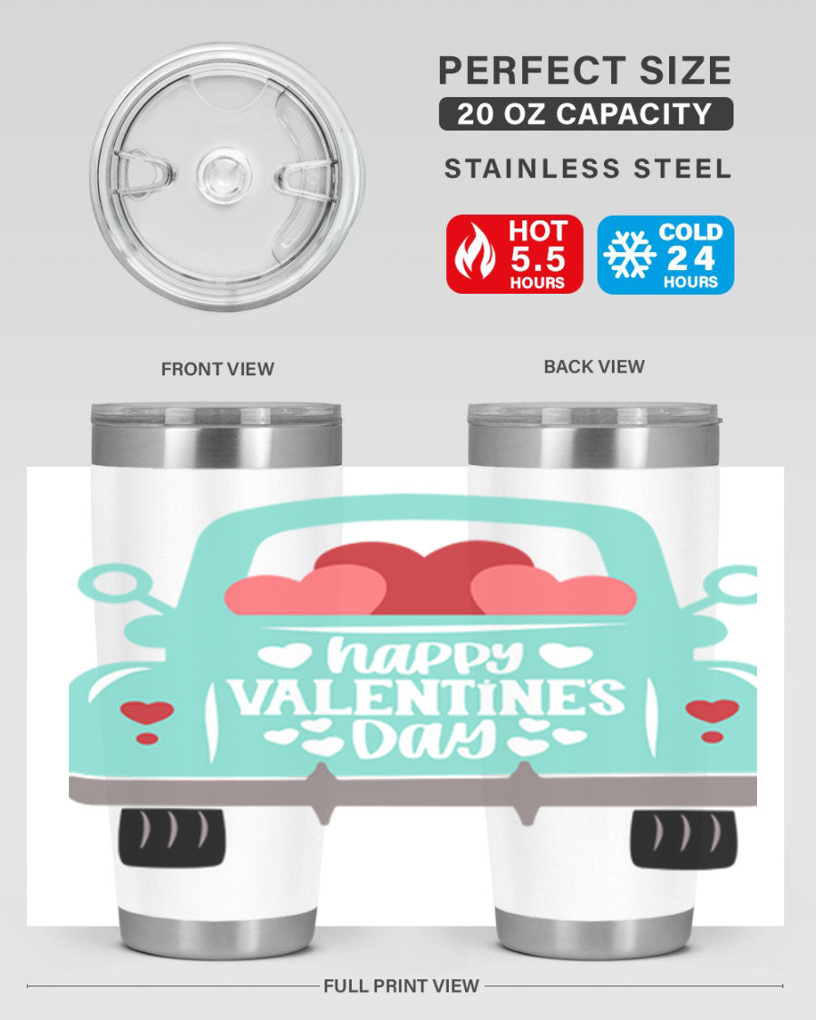 Happy Valentine's Day tumbler featuring a double wall vacuum stainless steel design, perfect for keeping drinks hot or cold.