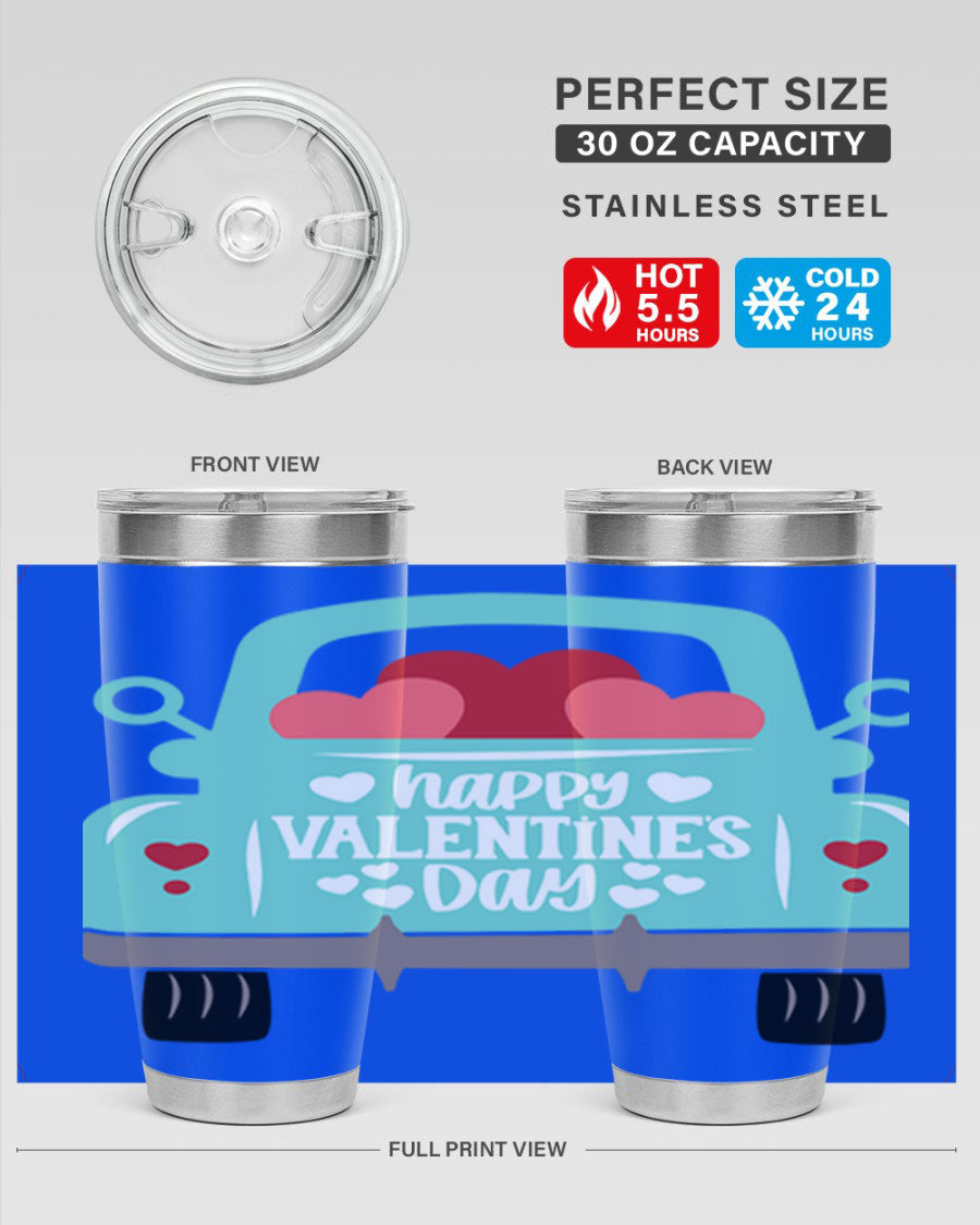 Happy Valentine's Day tumbler featuring a double wall vacuum stainless steel design, perfect for keeping drinks hot or cold.