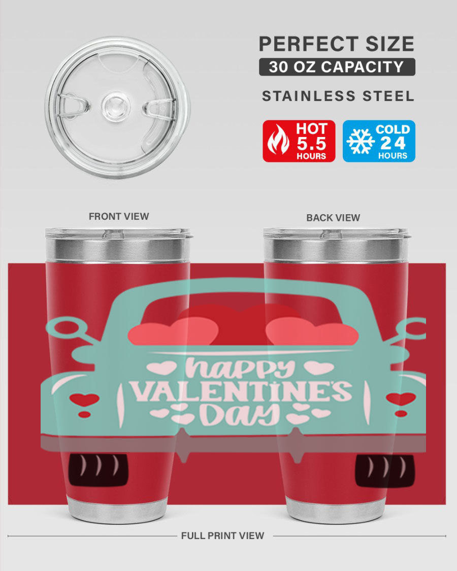 Happy Valentine's Day tumbler featuring a double wall vacuum stainless steel design, perfect for keeping drinks hot or cold.