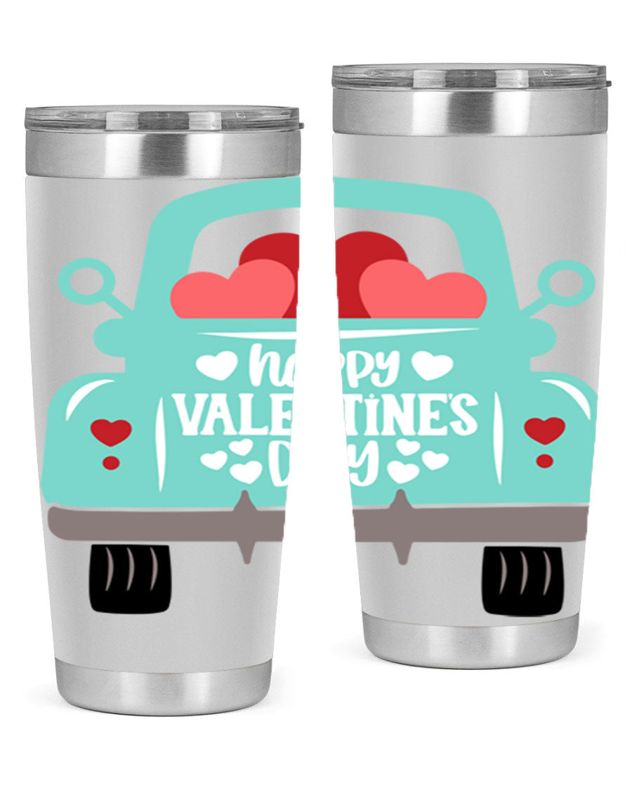 Happy Valentine's Day tumbler featuring a double wall vacuum stainless steel design, perfect for keeping drinks hot or cold.