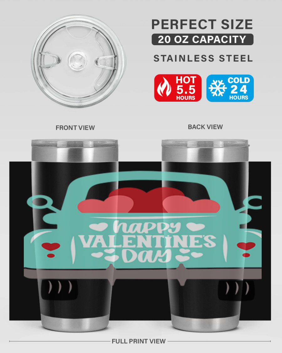 Happy Valentine's Day tumbler featuring a double wall vacuum stainless steel design, perfect for keeping drinks hot or cold.