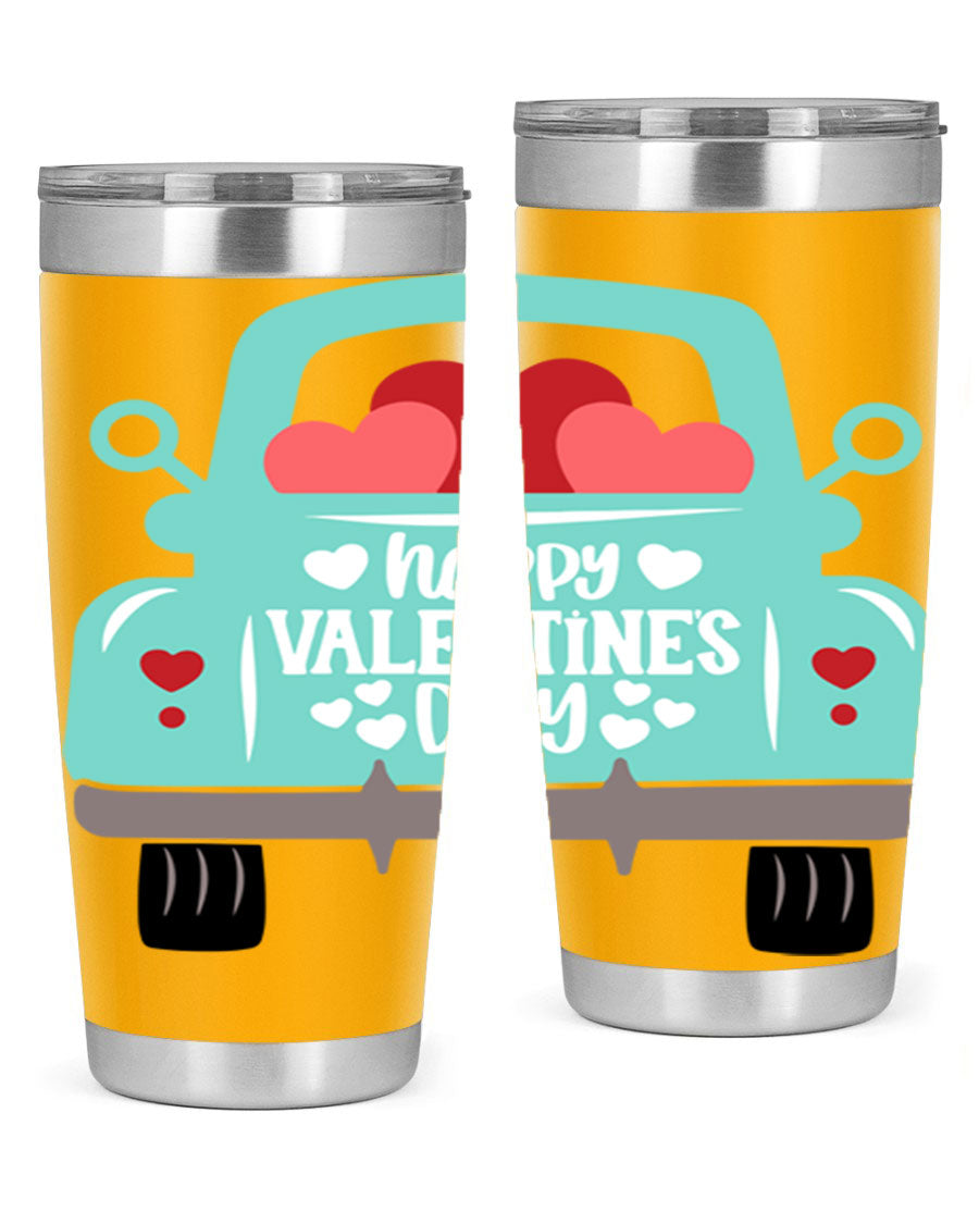 Happy Valentine's Day tumbler featuring a double wall vacuum stainless steel design, perfect for keeping drinks hot or cold.
