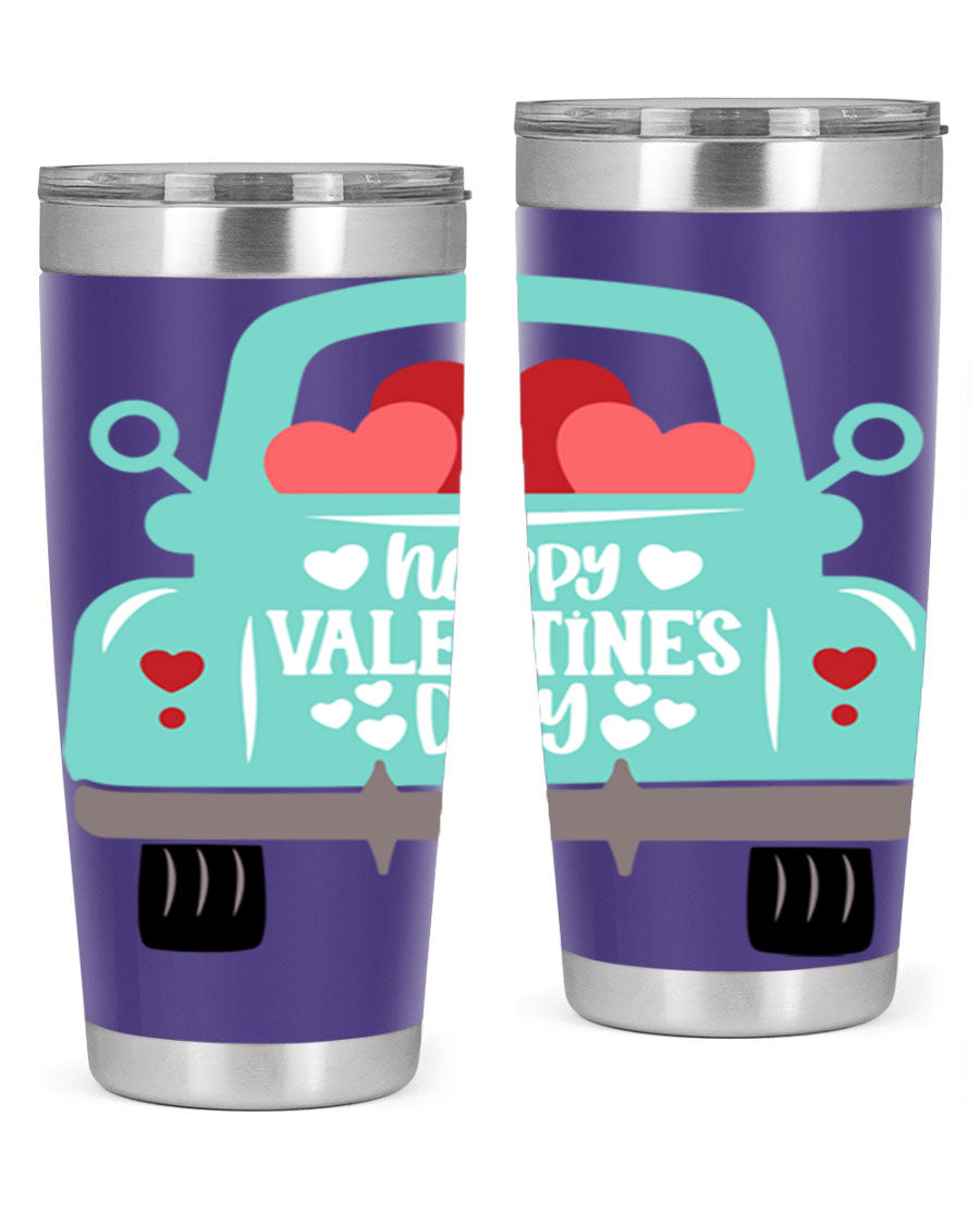 Happy Valentine's Day tumbler featuring a double wall vacuum stainless steel design, perfect for keeping drinks hot or cold.