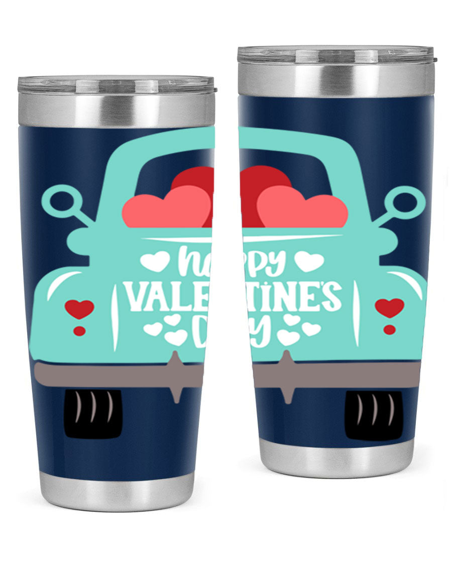 Happy Valentine's Day tumbler featuring a double wall vacuum stainless steel design, perfect for keeping drinks hot or cold.