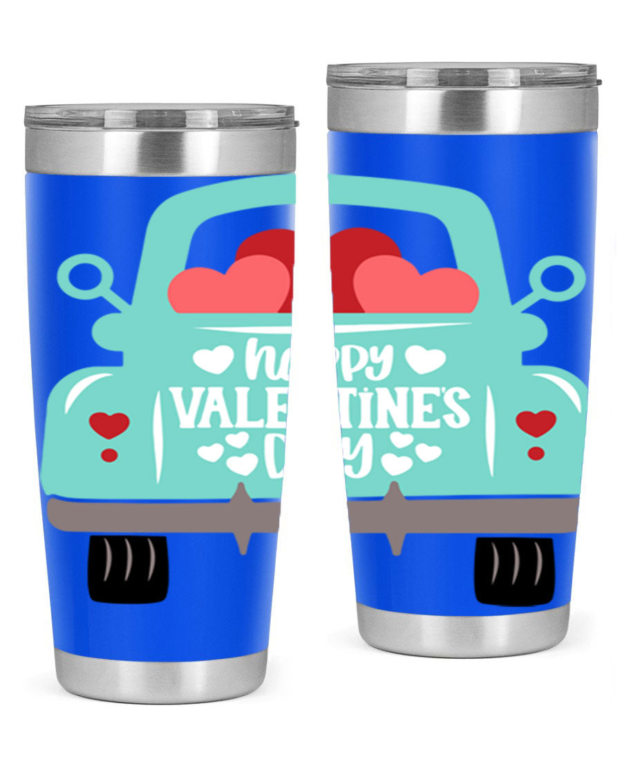 Happy Valentine's Day tumbler featuring a double wall vacuum stainless steel design, perfect for keeping drinks hot or cold.