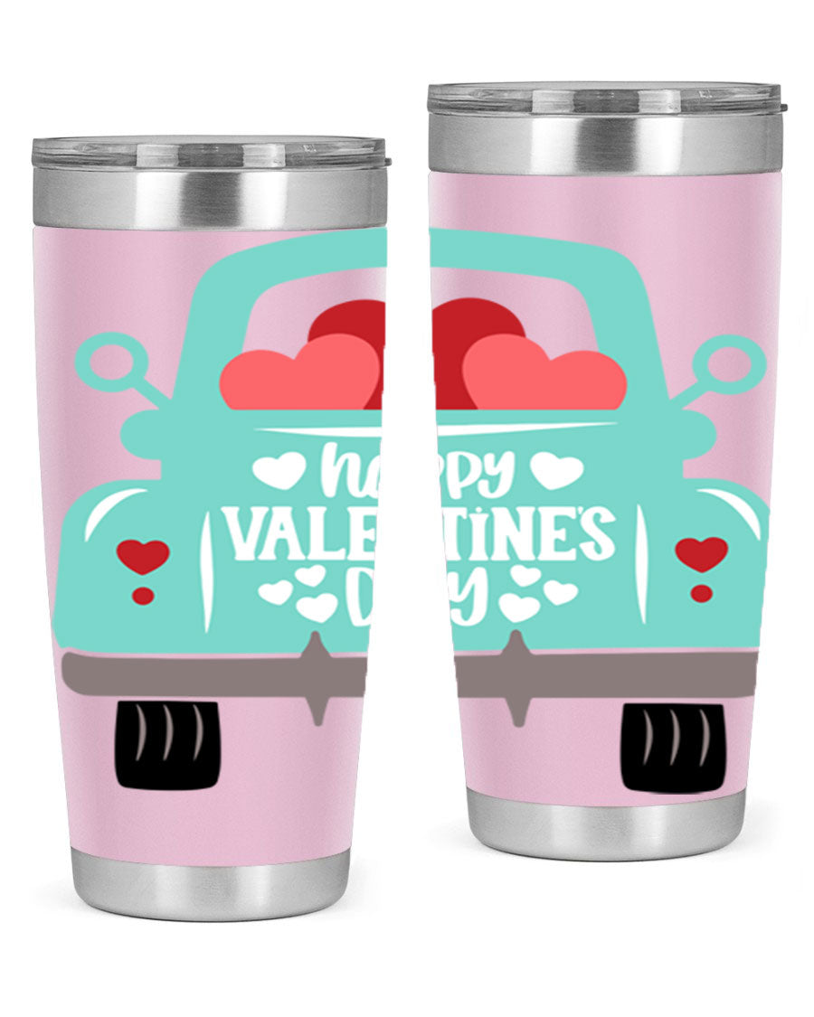 Happy Valentine's Day tumbler featuring a double wall vacuum stainless steel design, perfect for keeping drinks hot or cold.