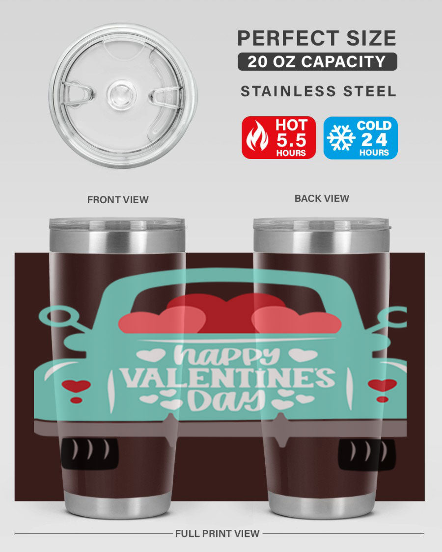 Happy Valentine's Day tumbler featuring a double wall vacuum stainless steel design, perfect for keeping drinks hot or cold.