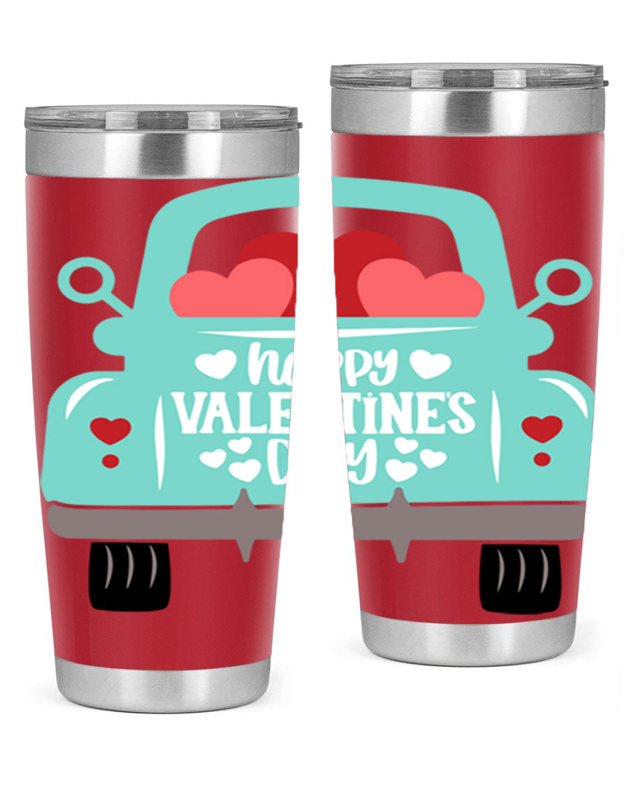 Happy Valentine's Day tumbler featuring a double wall vacuum stainless steel design, perfect for keeping drinks hot or cold.