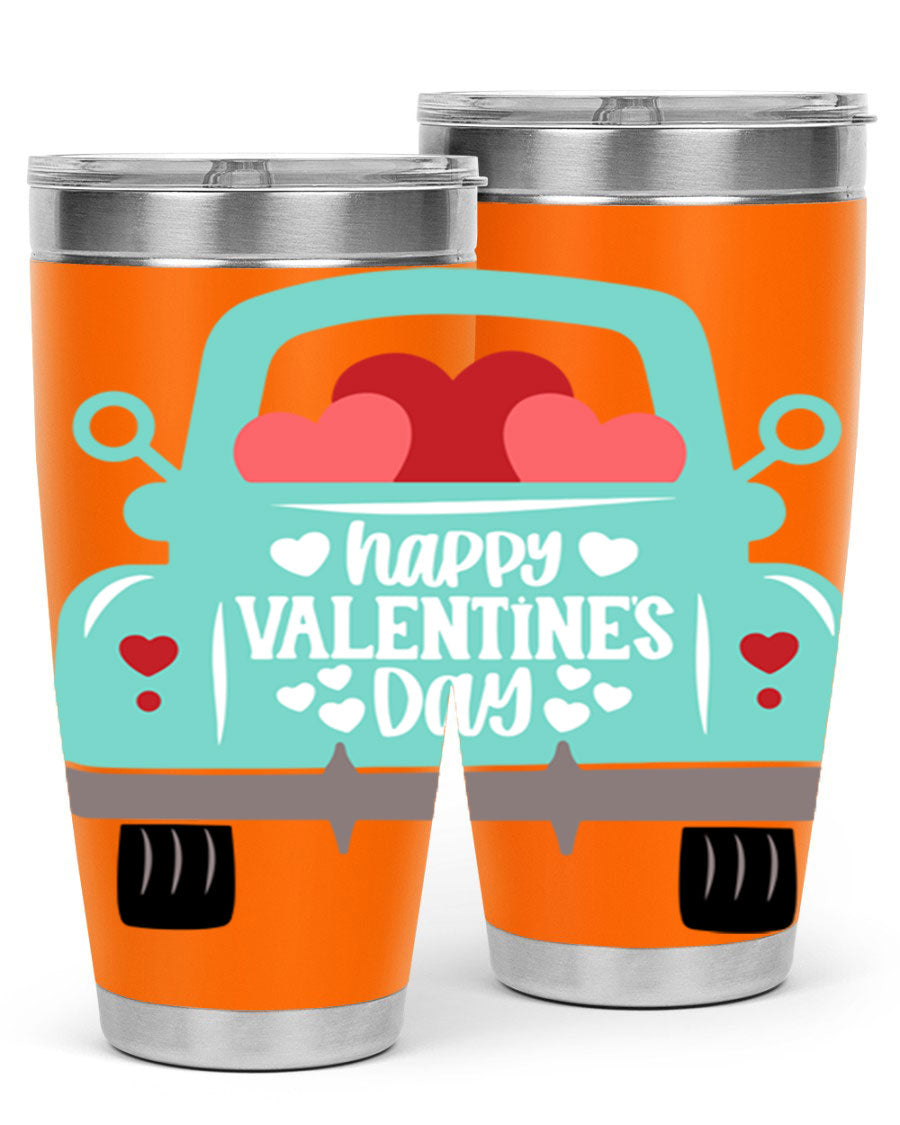 Happy Valentine's Day tumbler featuring a double wall vacuum stainless steel design, perfect for keeping drinks hot or cold.