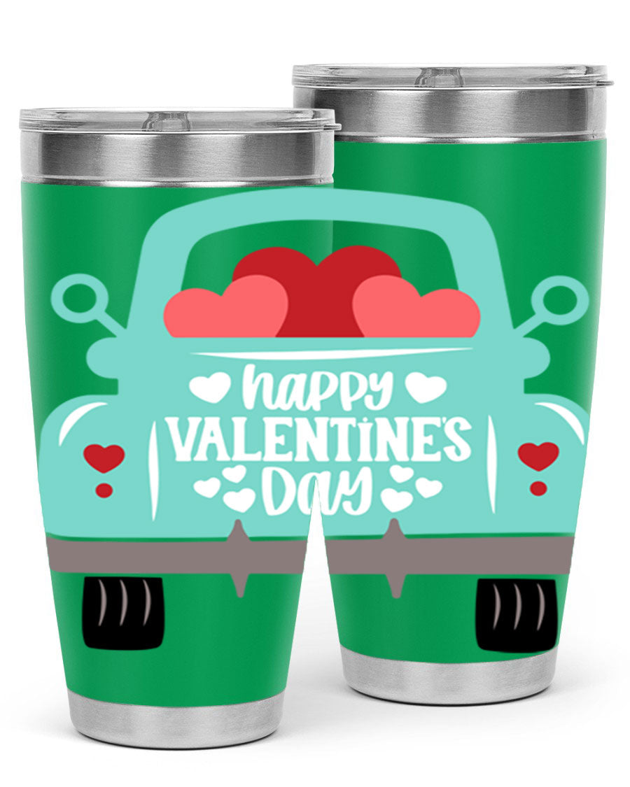 Happy Valentine's Day tumbler featuring a double wall vacuum stainless steel design, perfect for keeping drinks hot or cold.