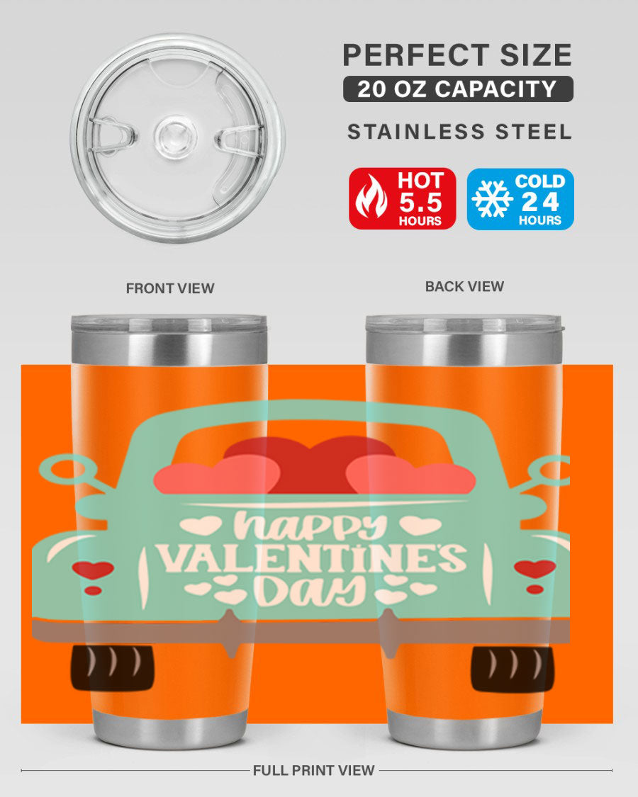 Happy Valentine's Day tumbler featuring a double wall vacuum stainless steel design, perfect for keeping drinks hot or cold.