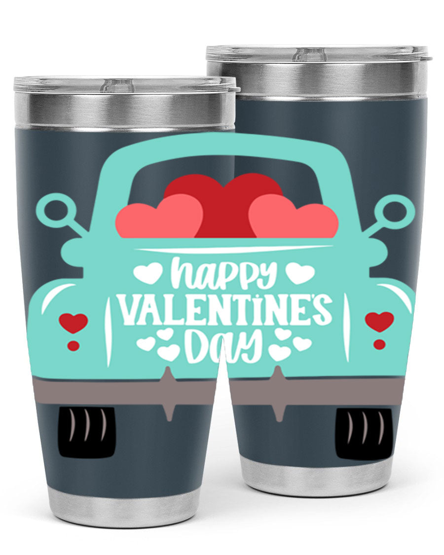 Happy Valentine's Day tumbler featuring a double wall vacuum stainless steel design, perfect for keeping drinks hot or cold.