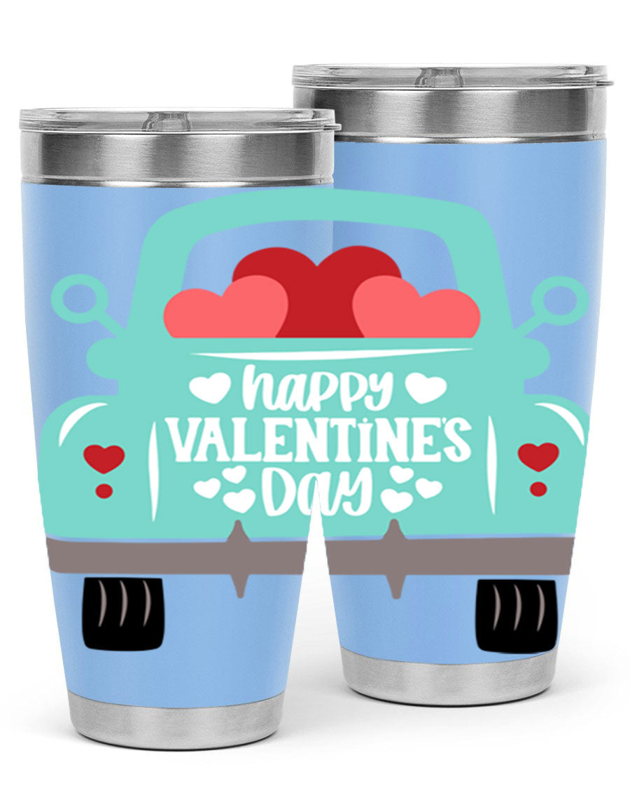 Happy Valentine's Day tumbler featuring a double wall vacuum stainless steel design, perfect for keeping drinks hot or cold.