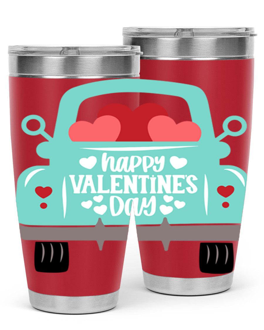 Happy Valentine's Day tumbler featuring a double wall vacuum stainless steel design, perfect for keeping drinks hot or cold.