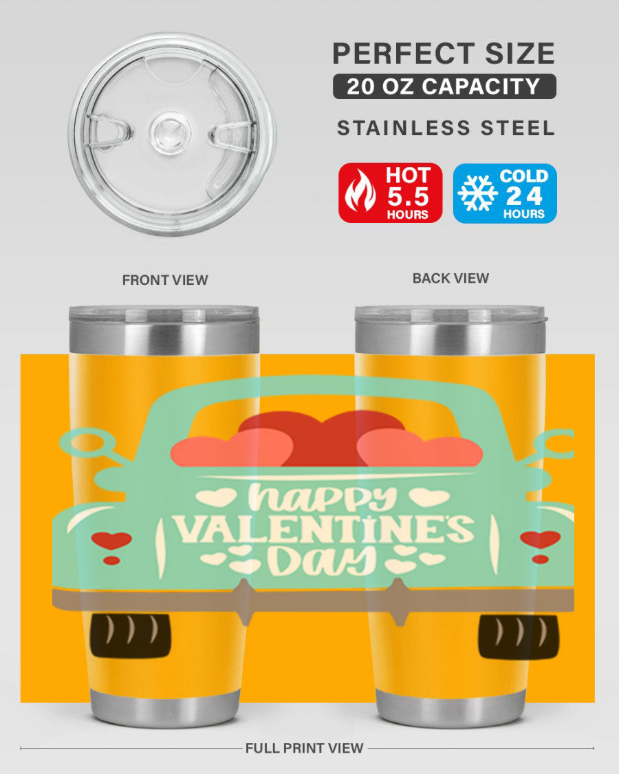 Happy Valentine's Day tumbler featuring a double wall vacuum stainless steel design, perfect for keeping drinks hot or cold.