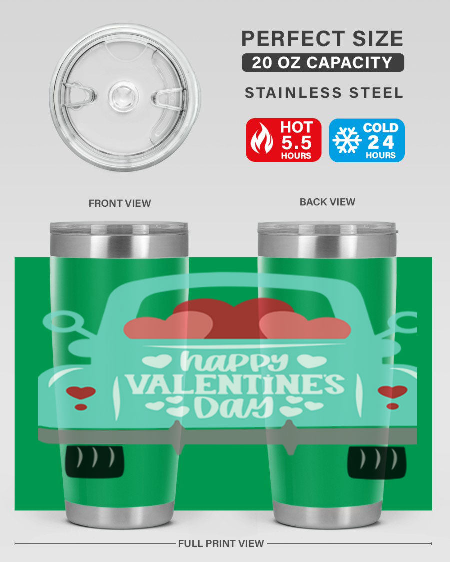 Happy Valentine's Day tumbler featuring a double wall vacuum stainless steel design, perfect for keeping drinks hot or cold.