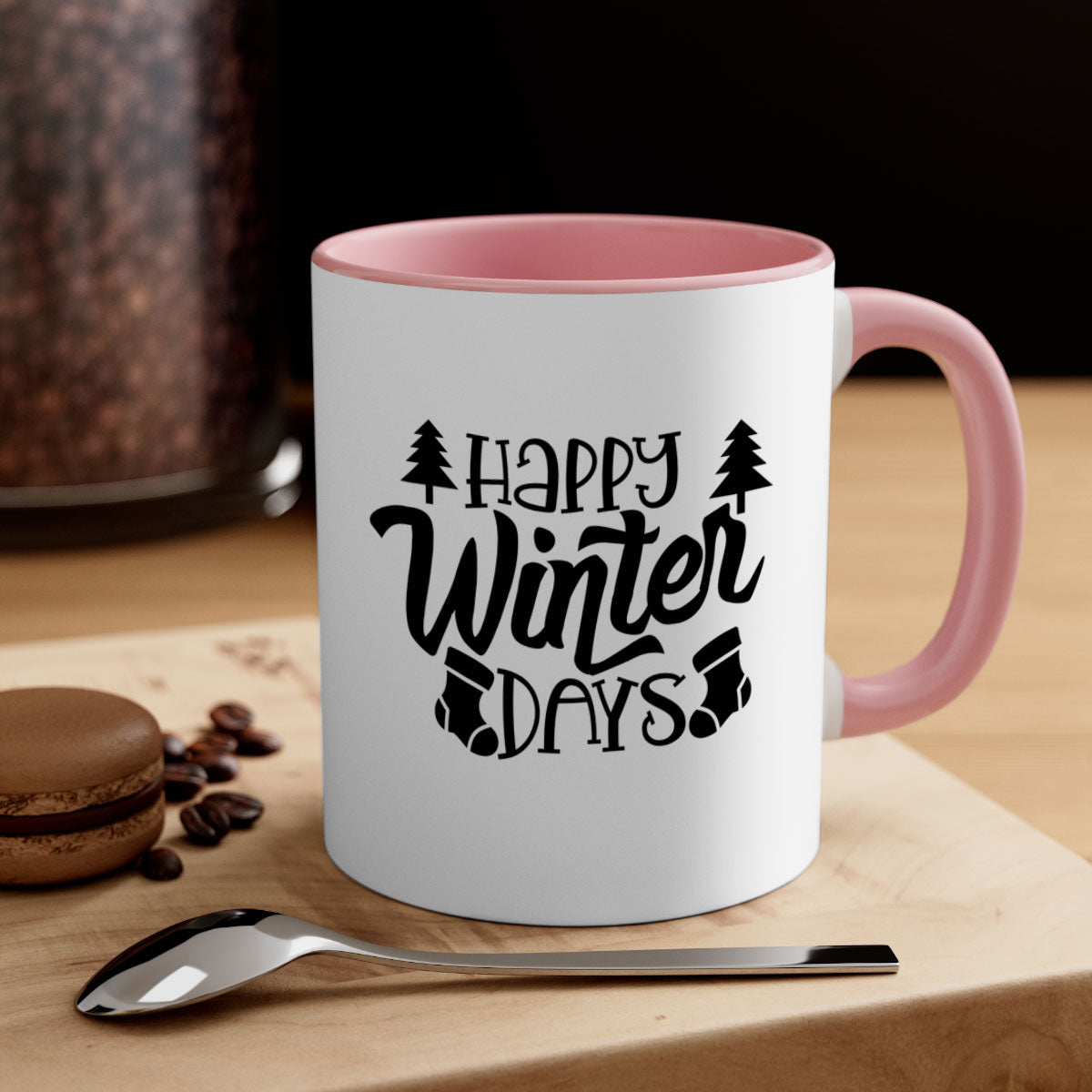 Happy Winter Days 122# Mug with colorful handle and glossy finish, available in multiple colors and sizes.