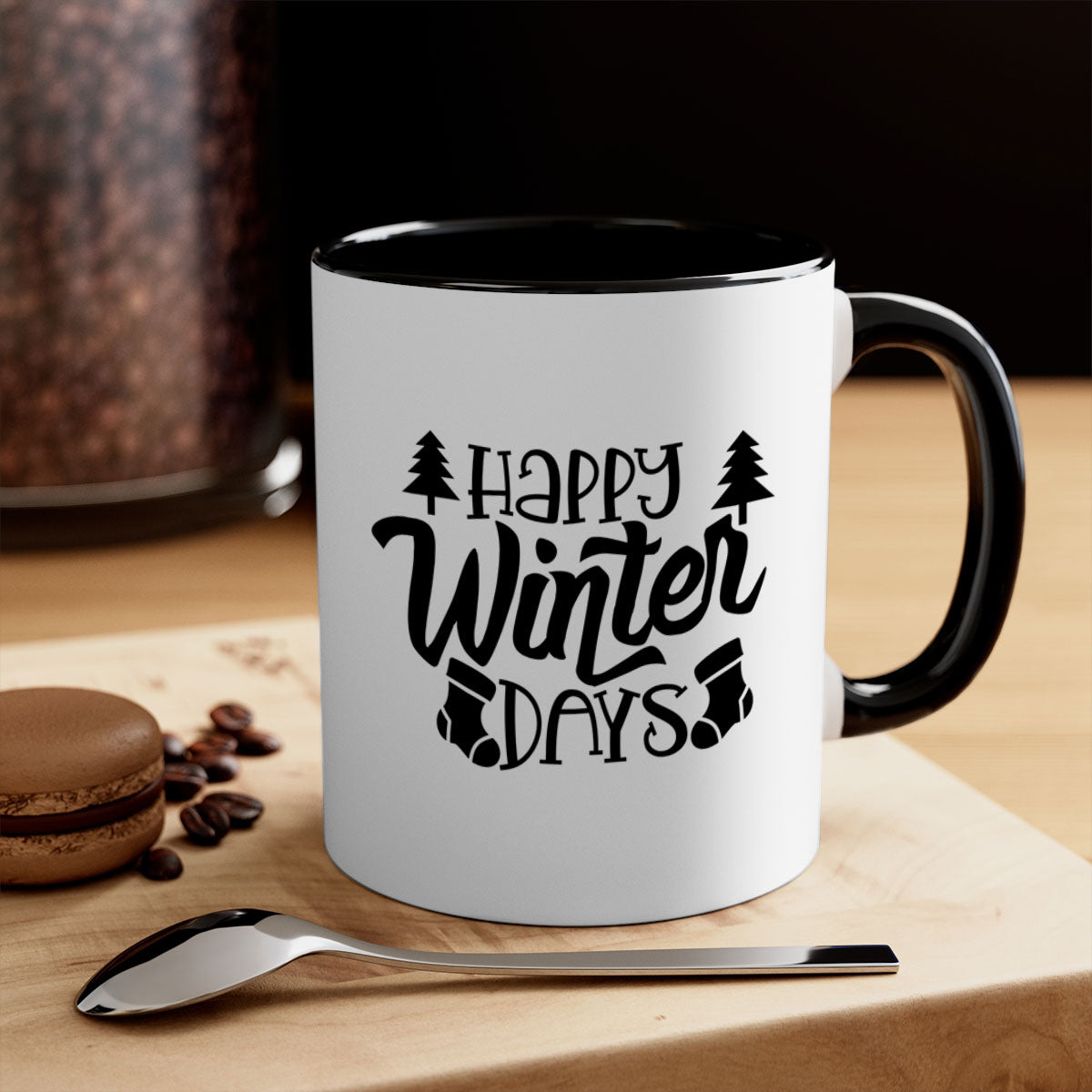 Happy Winter Days 122# Mug with colorful handle and glossy finish, available in multiple colors and sizes.