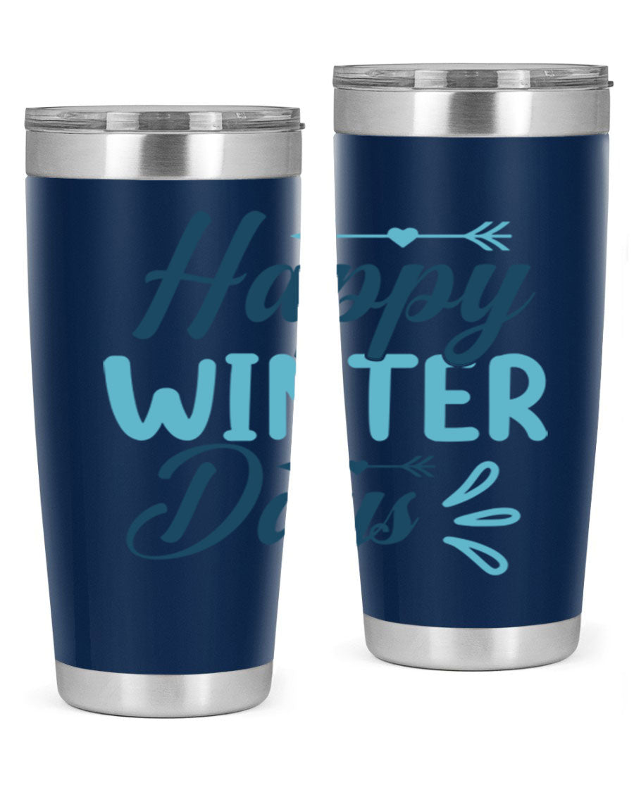Happy Winter Days 20oz Tumbler made of stainless steel with a drink-thru lid, featuring a stylish design perfect for hot and cold beverages.