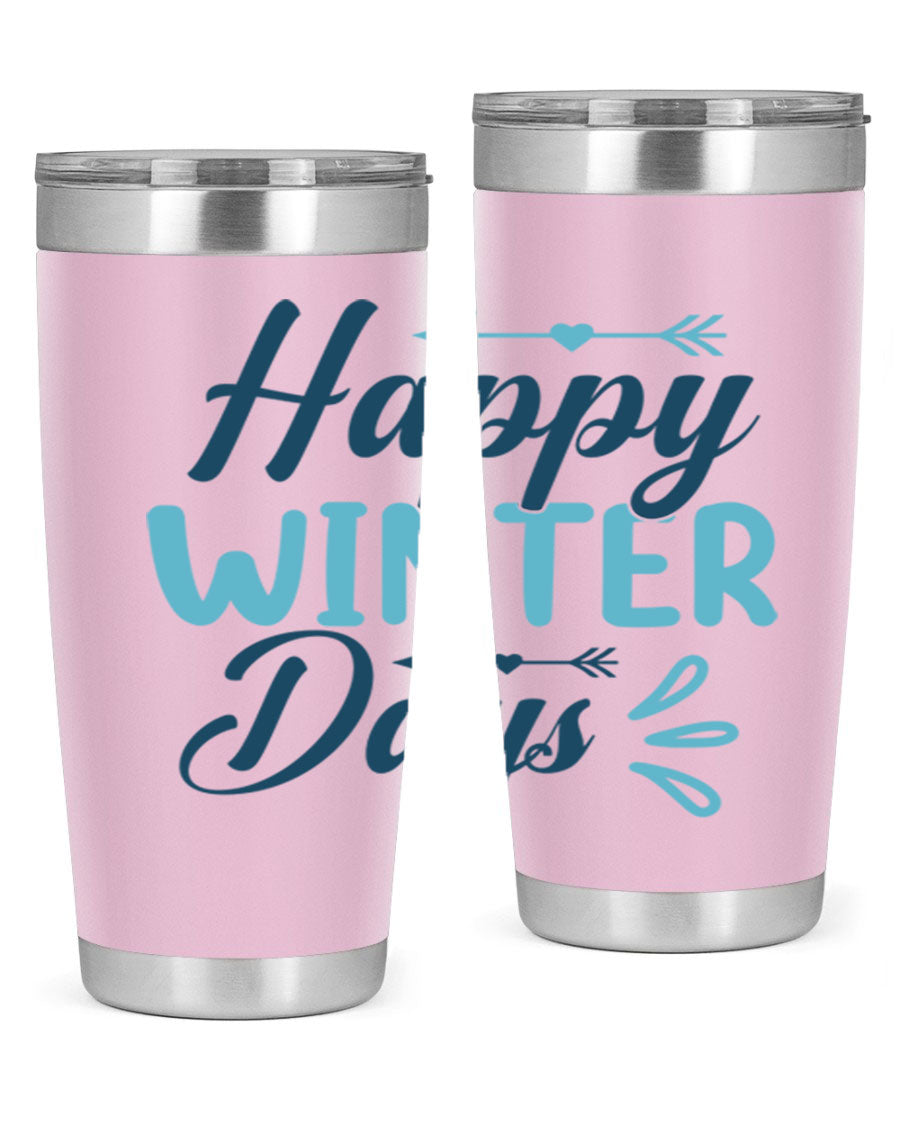 Happy Winter Days 20oz Tumbler made of stainless steel with a drink-thru lid, featuring a stylish design perfect for hot and cold beverages.