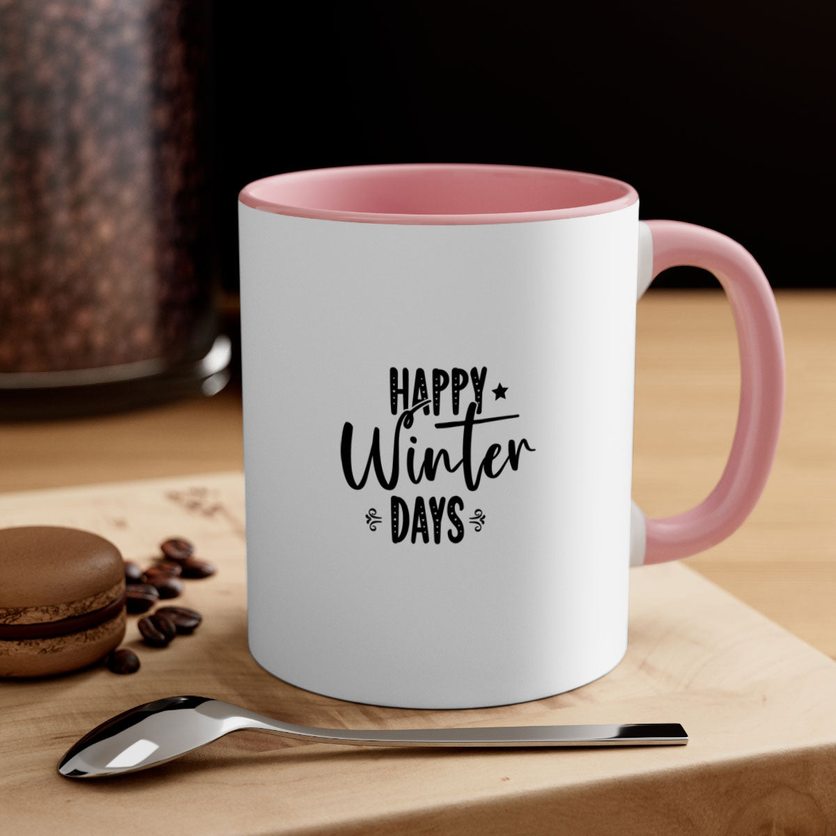 Happy Winter Days 124# Mug with a glossy finish and colored handle, available in multiple colors and sizes.