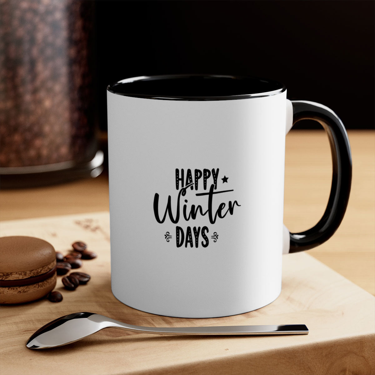 Happy Winter Days 124# Mug with a glossy finish and colored handle, available in multiple colors and sizes.
