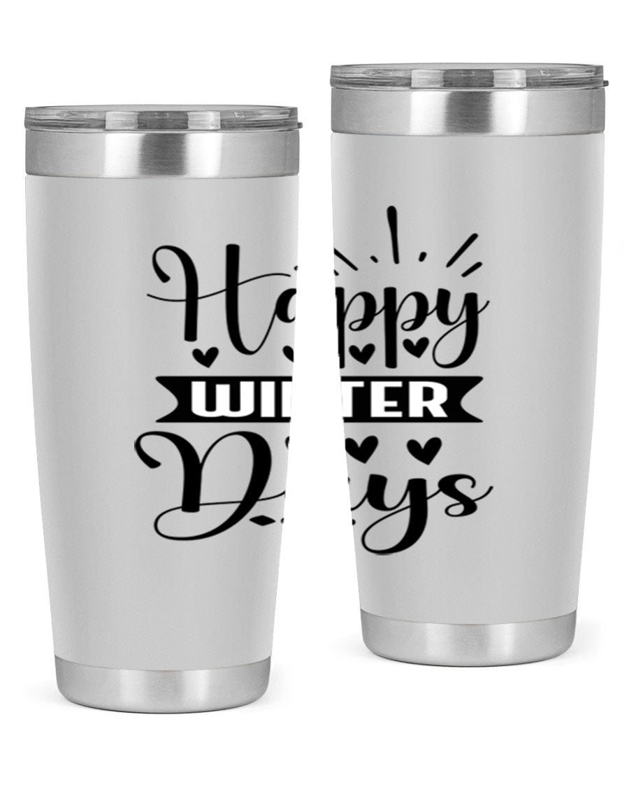 Happy Winter Days 125# Tumbler in stainless steel with a festive winter design, showcasing its double wall vacuum insulation and drink-thru lid.