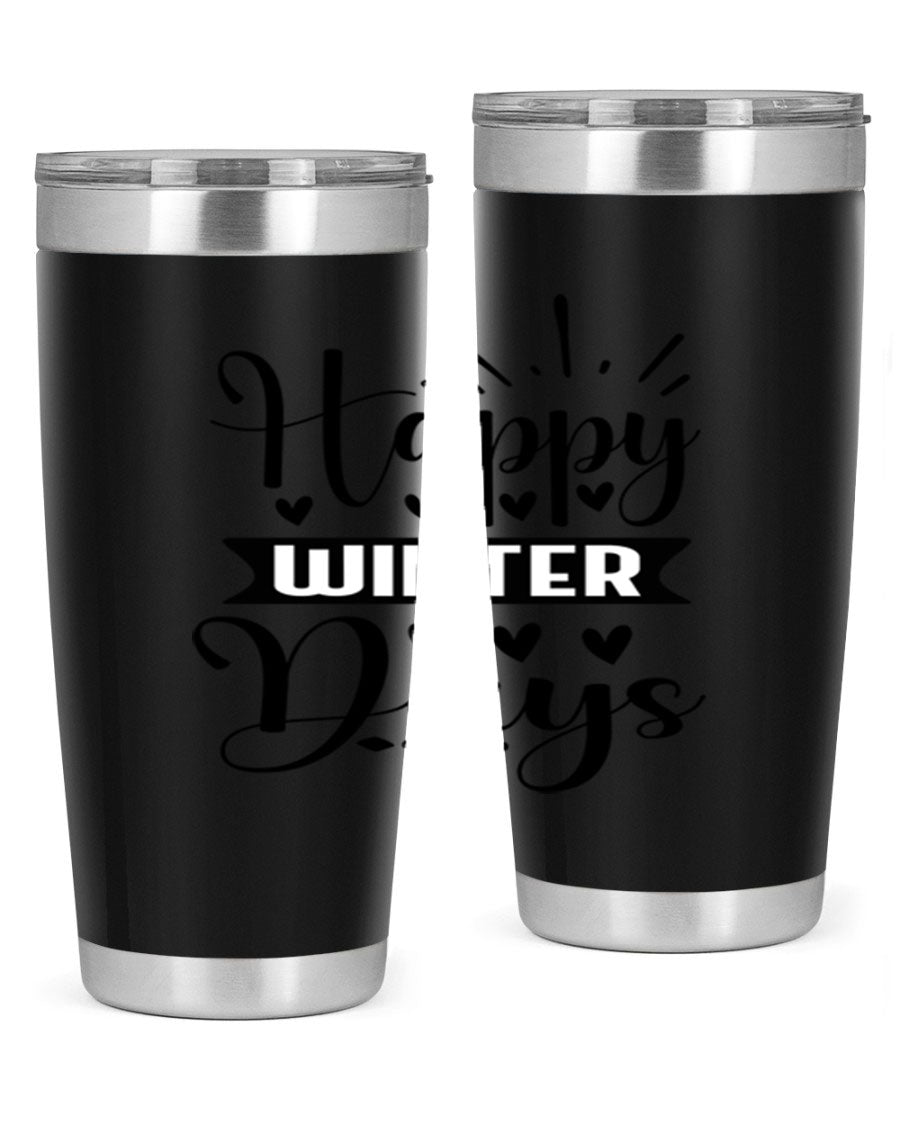 Happy Winter Days 125# Tumbler in stainless steel with a festive winter design, showcasing its double wall vacuum insulation and drink-thru lid.