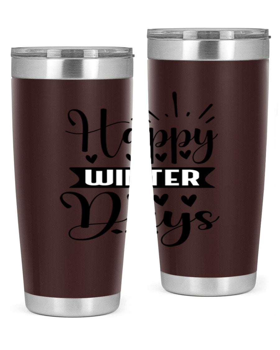 Happy Winter Days 125# Tumbler in stainless steel with a festive winter design, showcasing its double wall vacuum insulation and drink-thru lid.